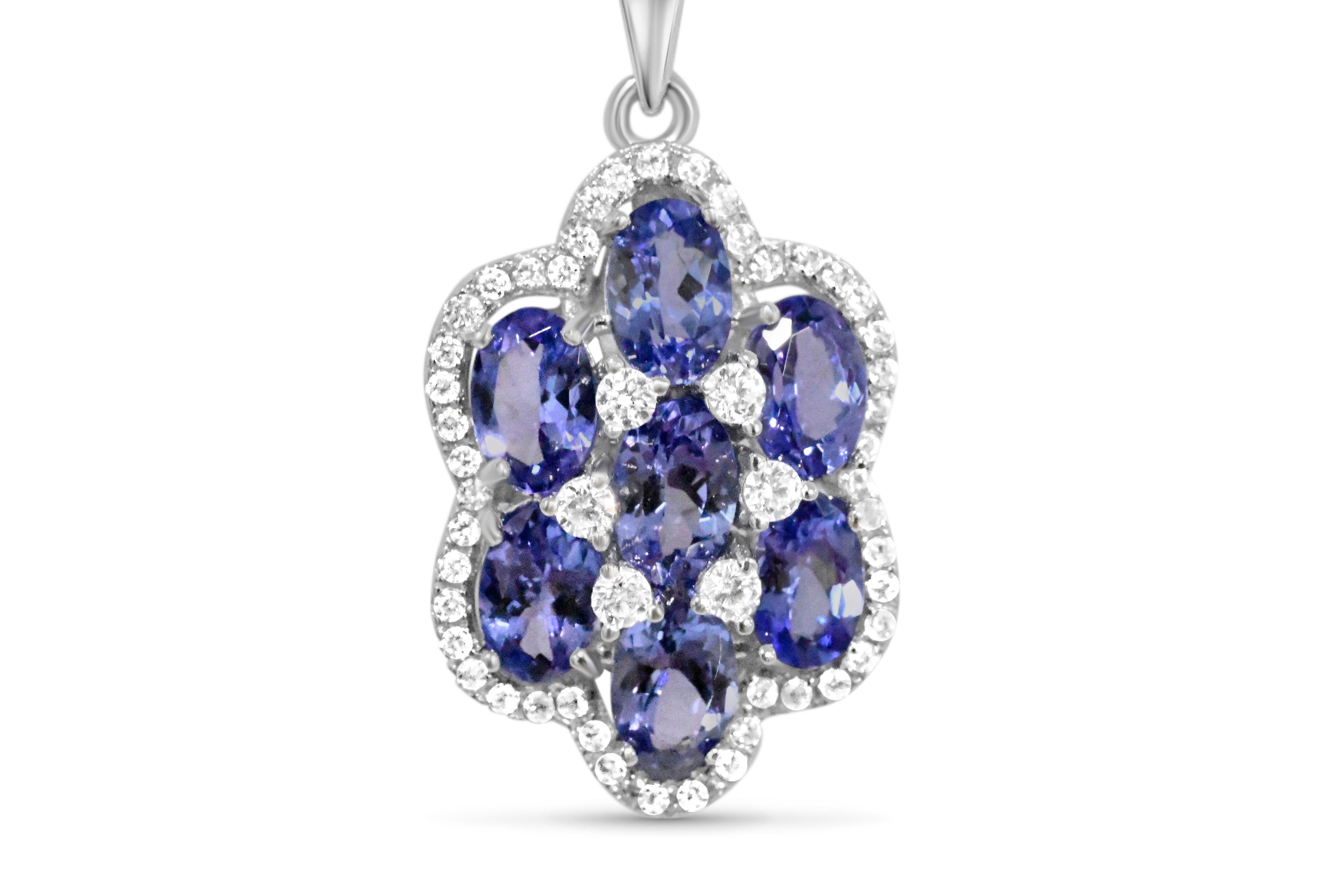 Tanzanite 925 Rhodium  Metal Platted Women's Pendant 3.36cts
Primary Stone: Tanzanite
Stone Shape:6 x 4mm Oval
Stone Weight : 3.36cts
No of stone: 7 pieces

Secondary Stone: White CZ
NO of Stone: 60 pieces
Other Stone : White CZ