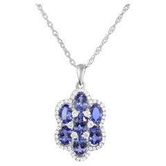 Natural Blue Tanzanite Halo Pendant Necklace 925 Silver Gift For Wife (3.36 cts)