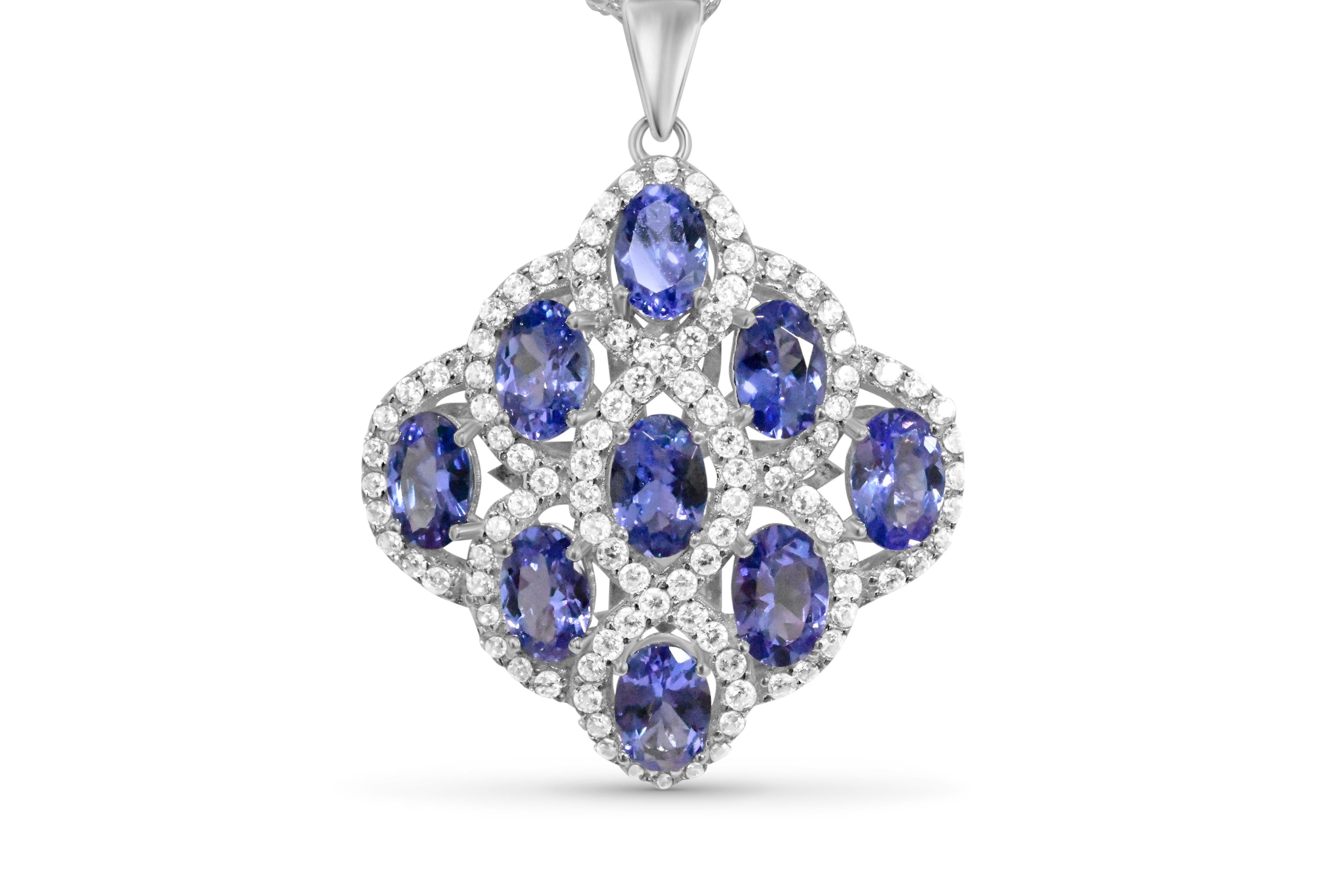 Tanzanite 925 Rhodium  Metal Platted Women's Pendant 4.06cts
Primary Stone : Tanzanite
Stone Shape: 6 x 4mm Oval
Stone Weight : 4.05cts
No of Stone: 9 pieces
Metal Weight : 3.88g 

Secondary Stone: White CZ
No of Stone: 100 pieces