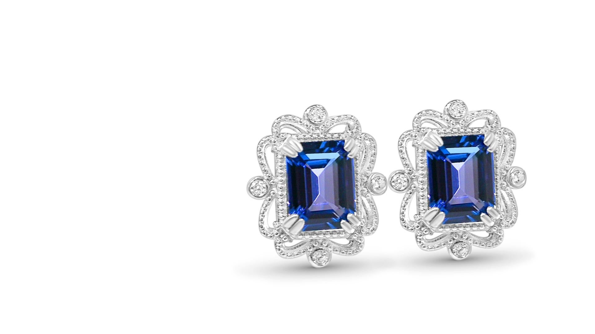 Art Deco 4.42 Cts Octagon Cut Tanzanite Solid Studs 925 Sterling Silver Women Earrings  For Sale