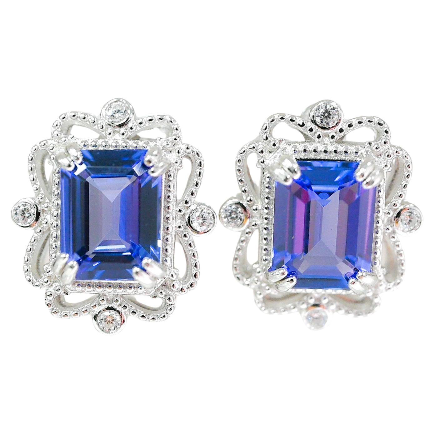 4.42 Cts Octagon Cut Tanzanite Solid Studs 925 Sterling Silver Women Earrings  For Sale