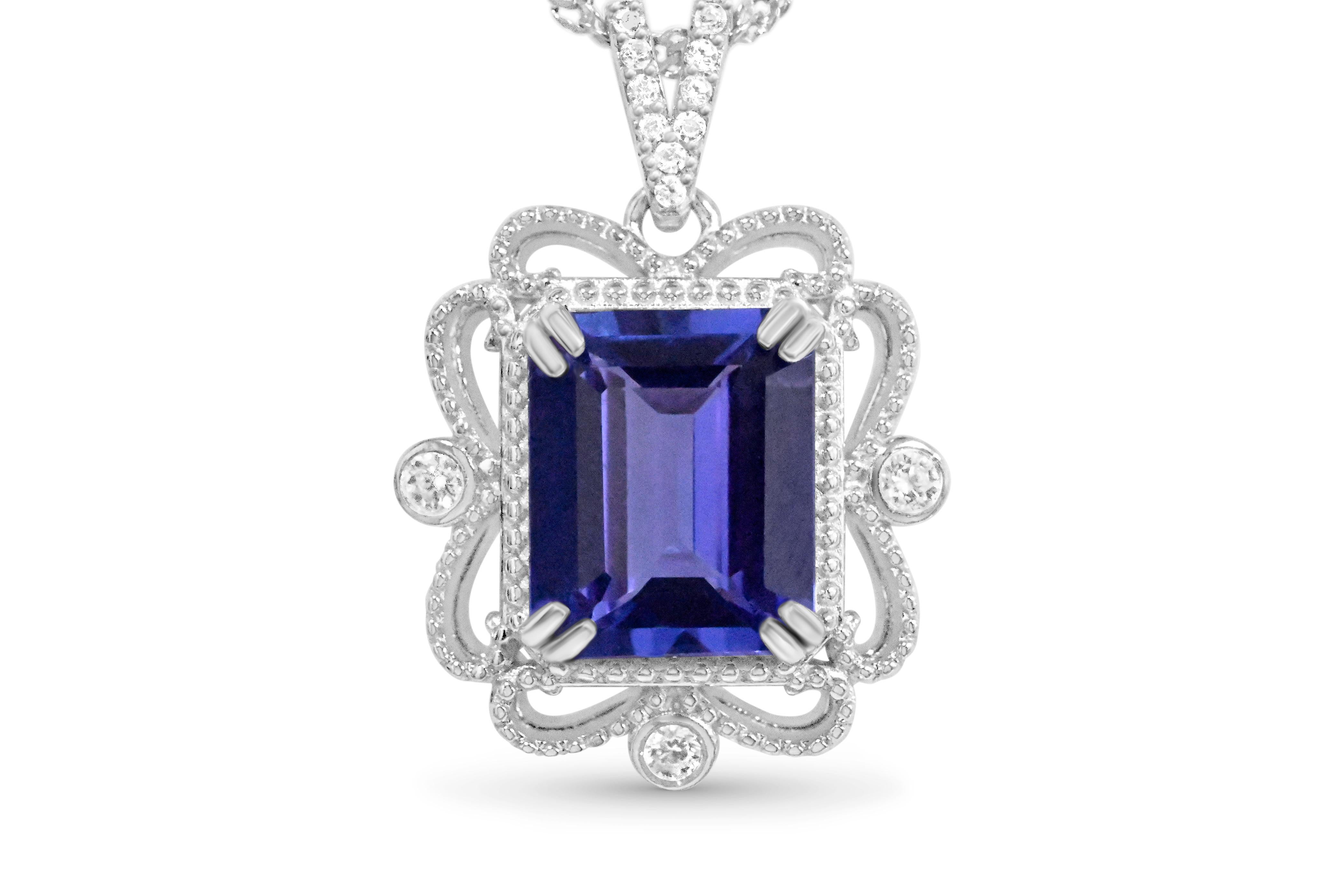 Emerald Cut Tanzanite 925 Sterling Sliver Rhodium  Metal Platted Women's Pendant 4.22cts For Sale