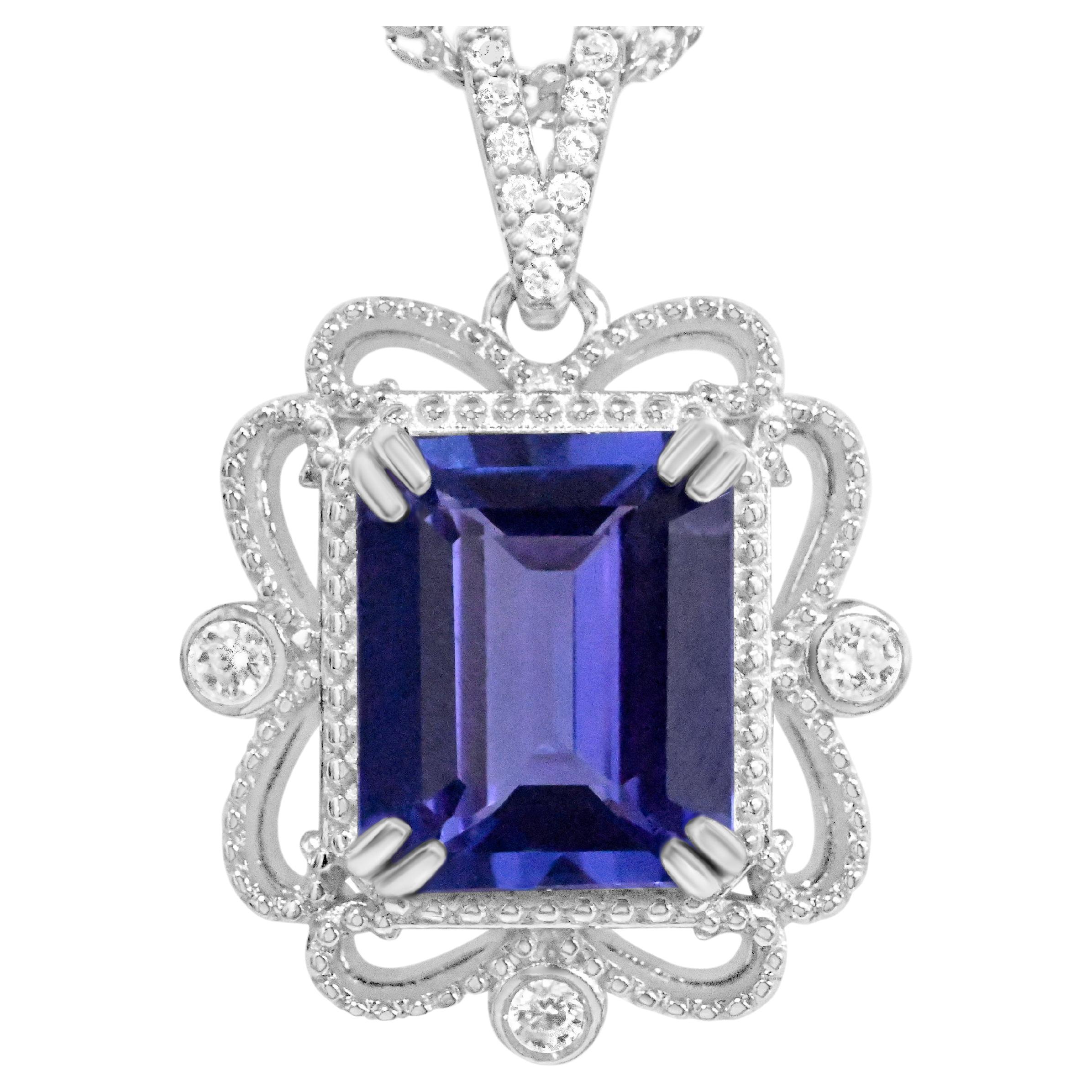 Tanzanite 925 Sterling Sliver Rhodium  Metal Platted Women's Pendant 4.22cts For Sale