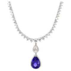 Tanzanite AAA Deluxe 34.44 Carats Drop Tennis Necklace Graduating 18 White Gold