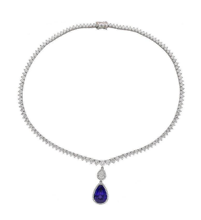 GIA Certified Tanzanite 
Diamond 34.44 Carats Necklace Graduating 18K Gold