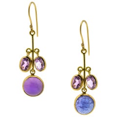 Tanzanite and Amethyst Flower Drop Gold Earrings