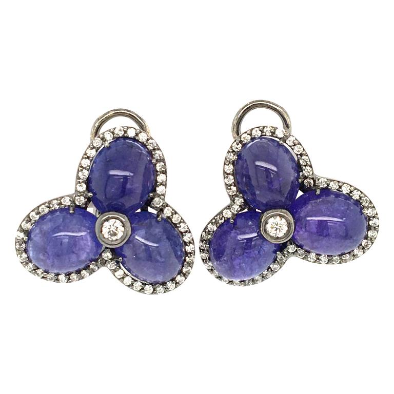 Tanzanite and 0.78 Diamond Clip Earrings On White Gold Italy with box For Sale