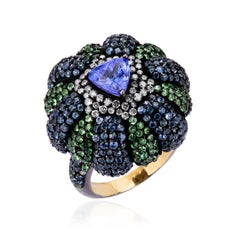 Viktorianisch 7,06 Ct. T.W. Blumenring mit Tansanit, Tsavorit, blauem Saphir und Diamant