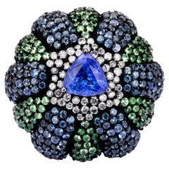 Victorian 7.06 Ct. T.W Tanzanite, Tsavorite, Blue Sapphire & Diamond Flower Ring