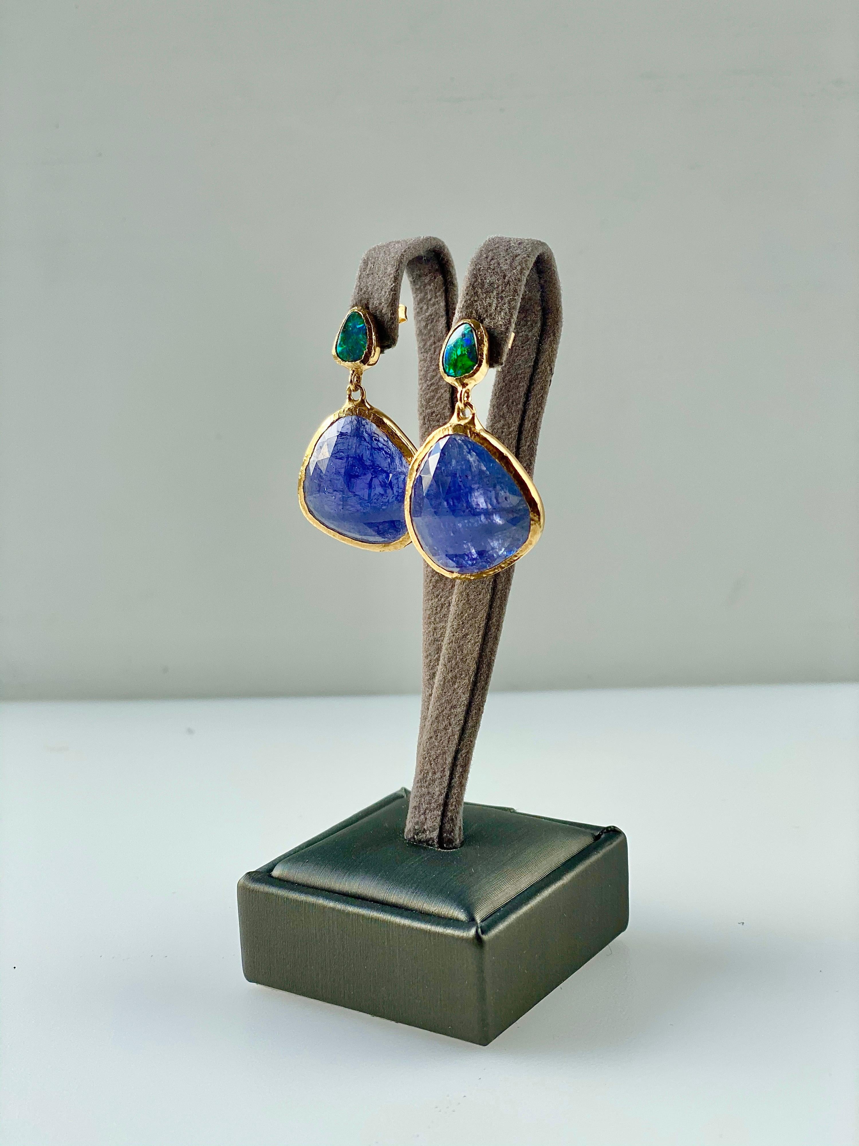 Contemporary Tanzanite and Boulder Opal Earrings 18 Karat Gold