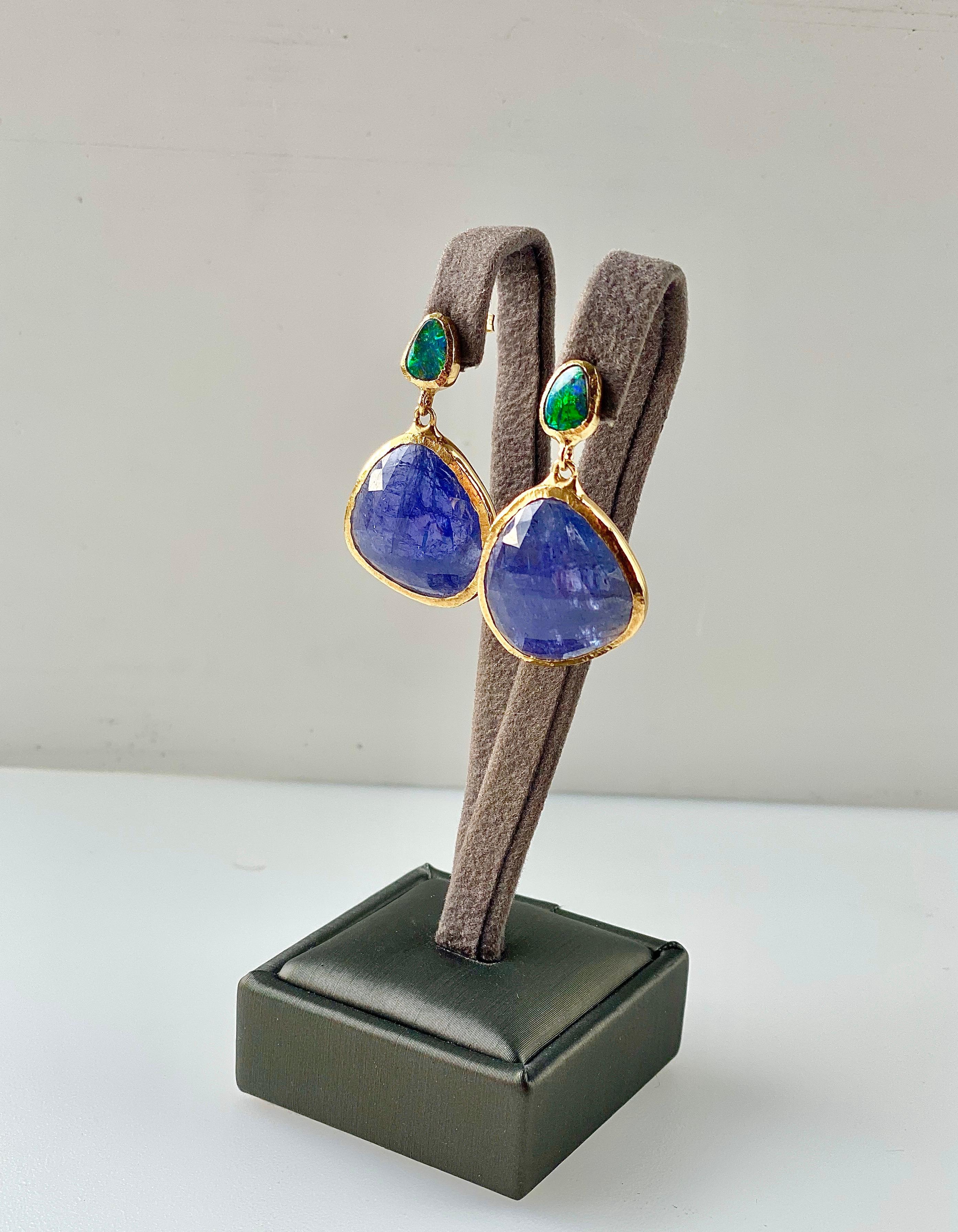 Rose Cut Tanzanite and Boulder Opal Earrings 18 Karat Gold