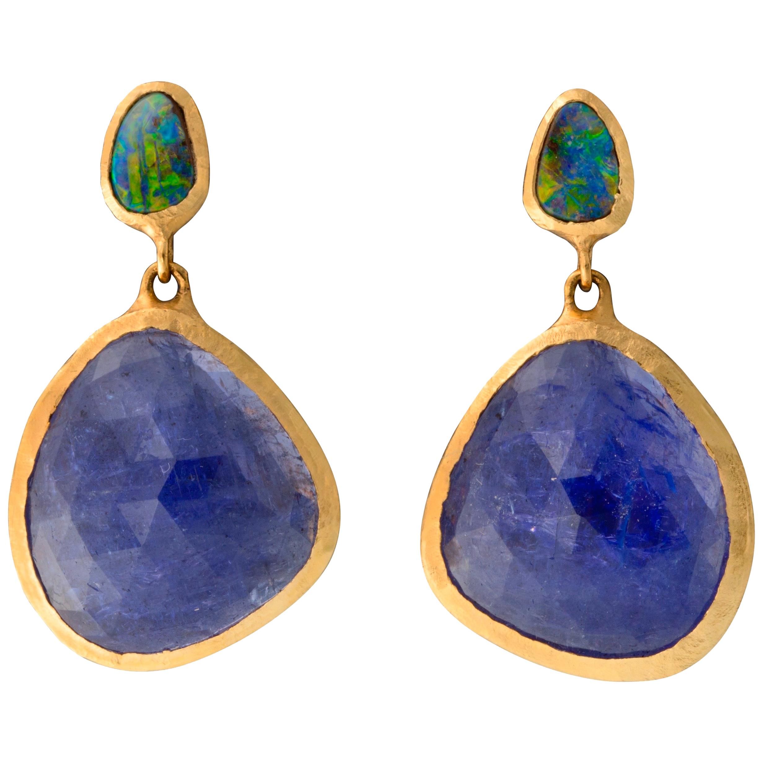 Tanzanite and Boulder Opal Earrings 18 Karat Gold