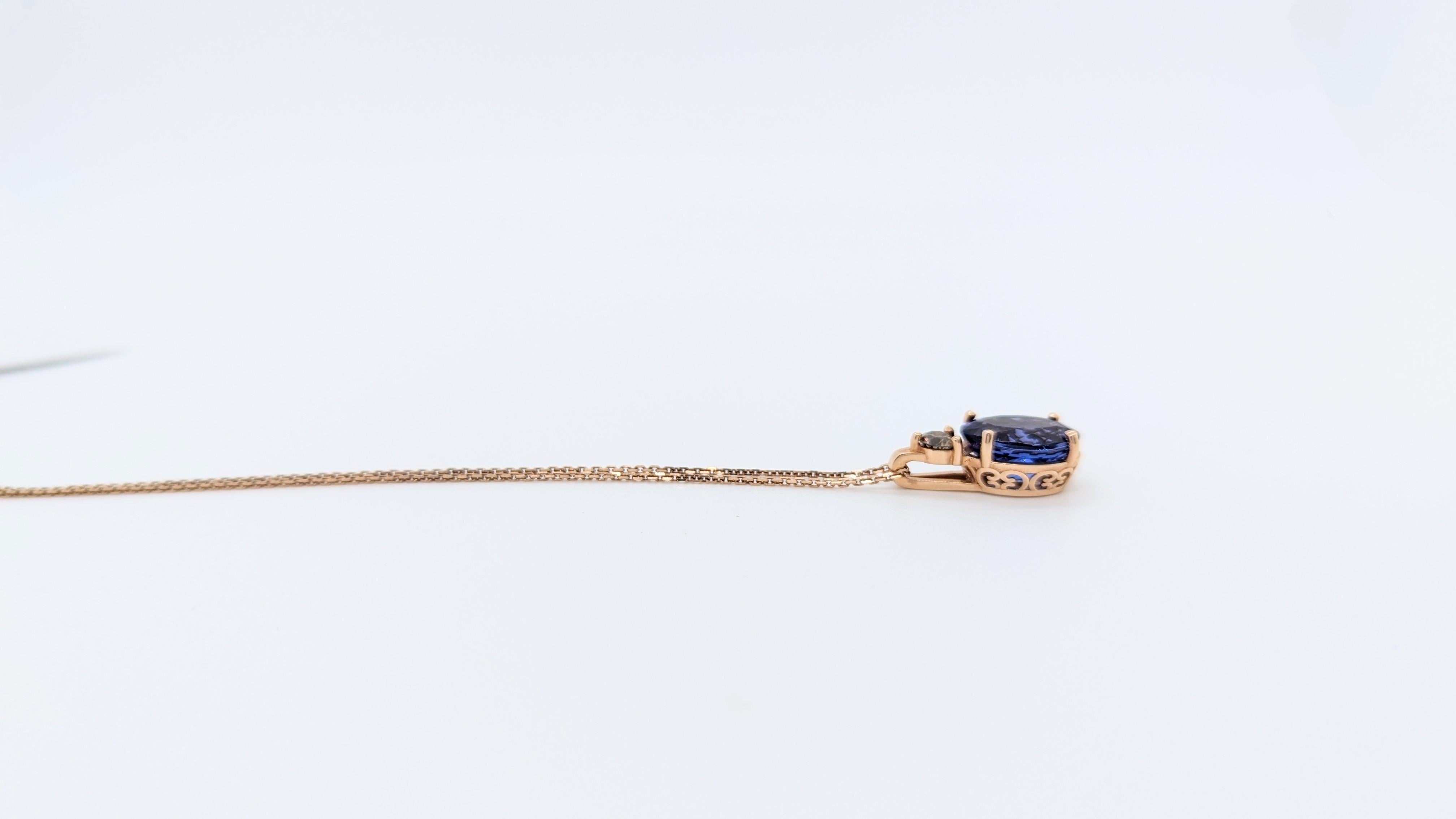 Tanzanite and Champagne Diamond Pendant Necklace in 14K Rose Gold In New Condition For Sale In Los Angeles, CA