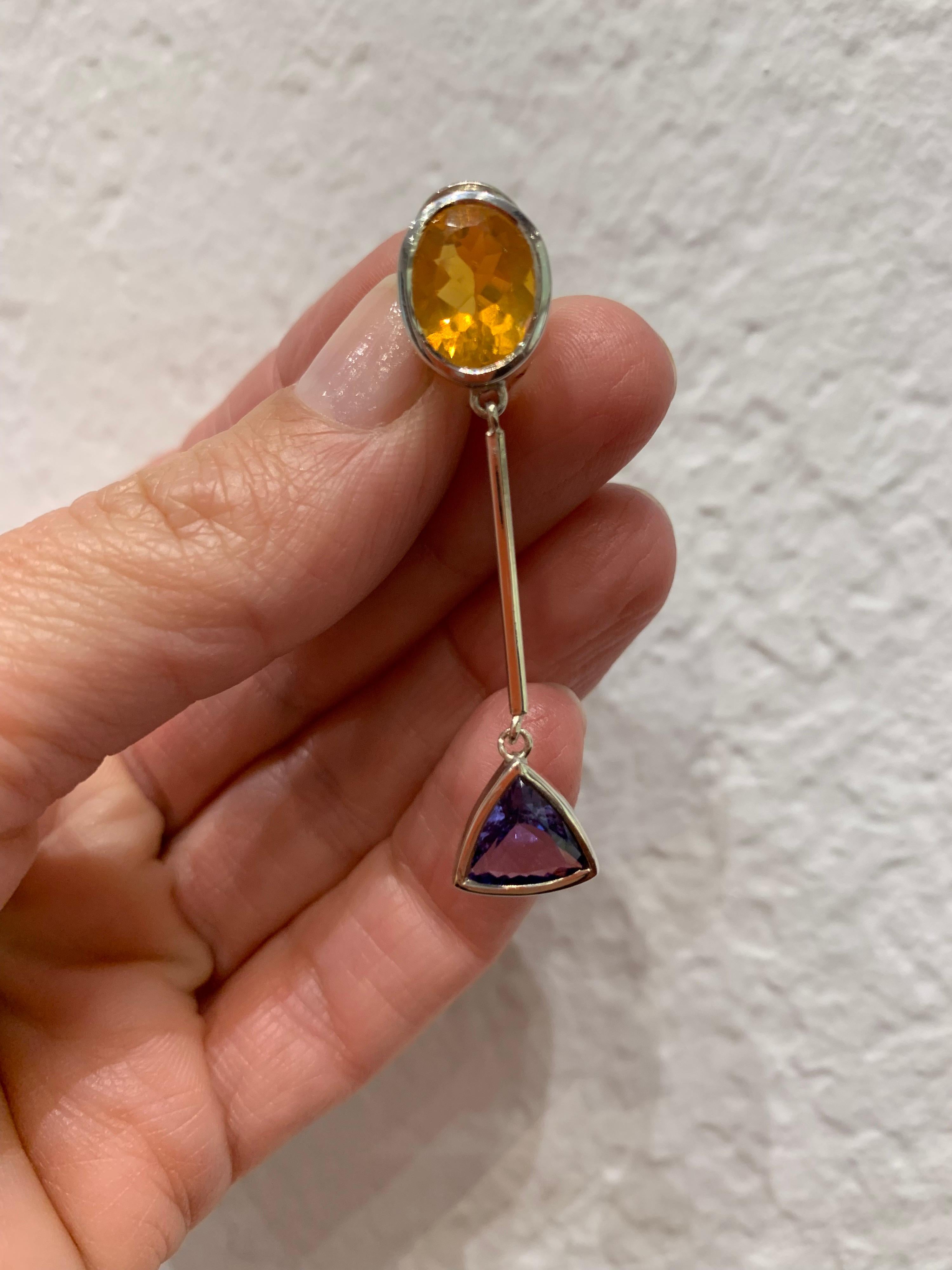 Contemporary Tanzanite and Citrine Silver Dangling Earrings For Sale