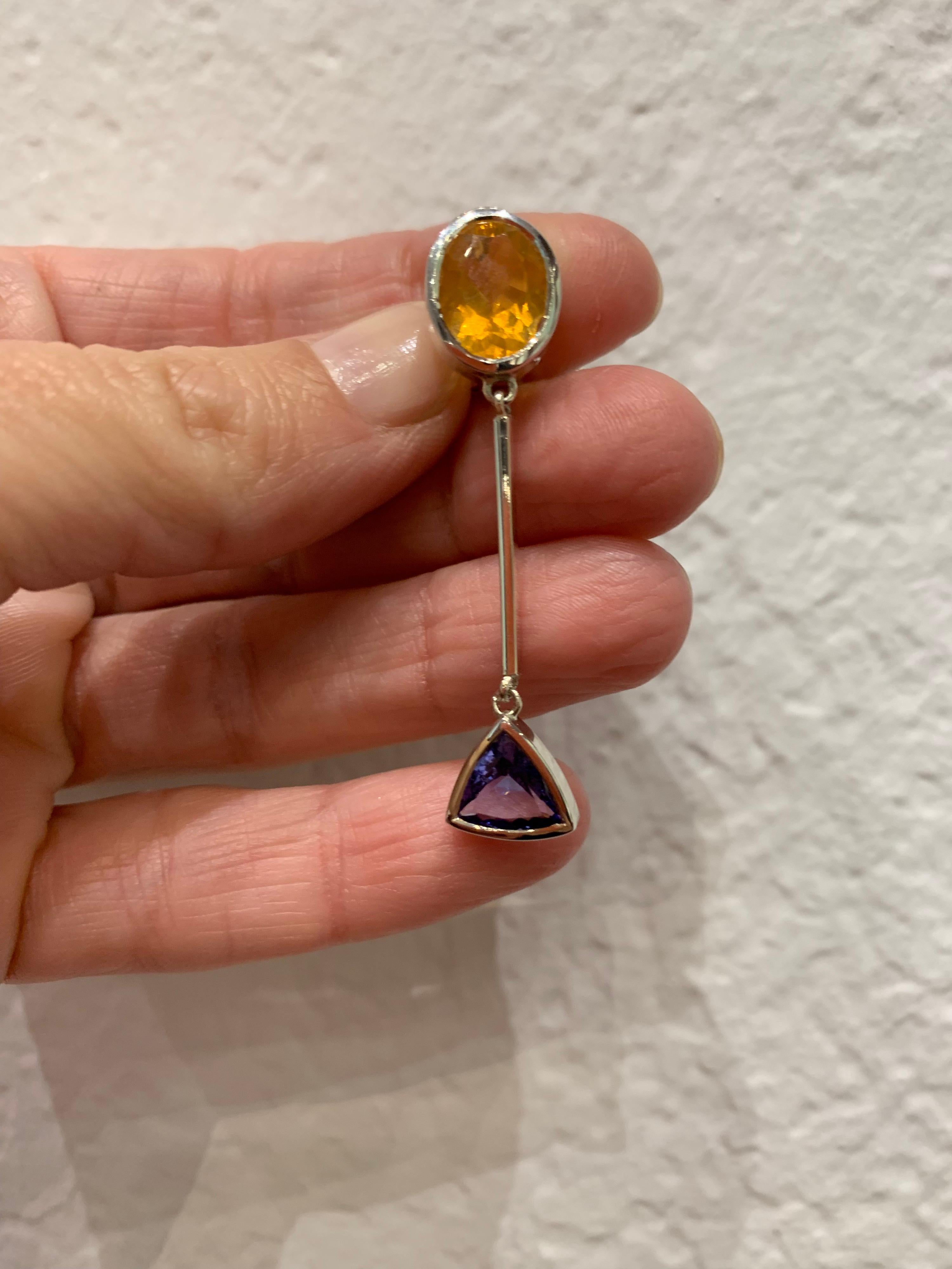 Women's or Men's Tanzanite and Citrine Silver Dangling Earrings For Sale
