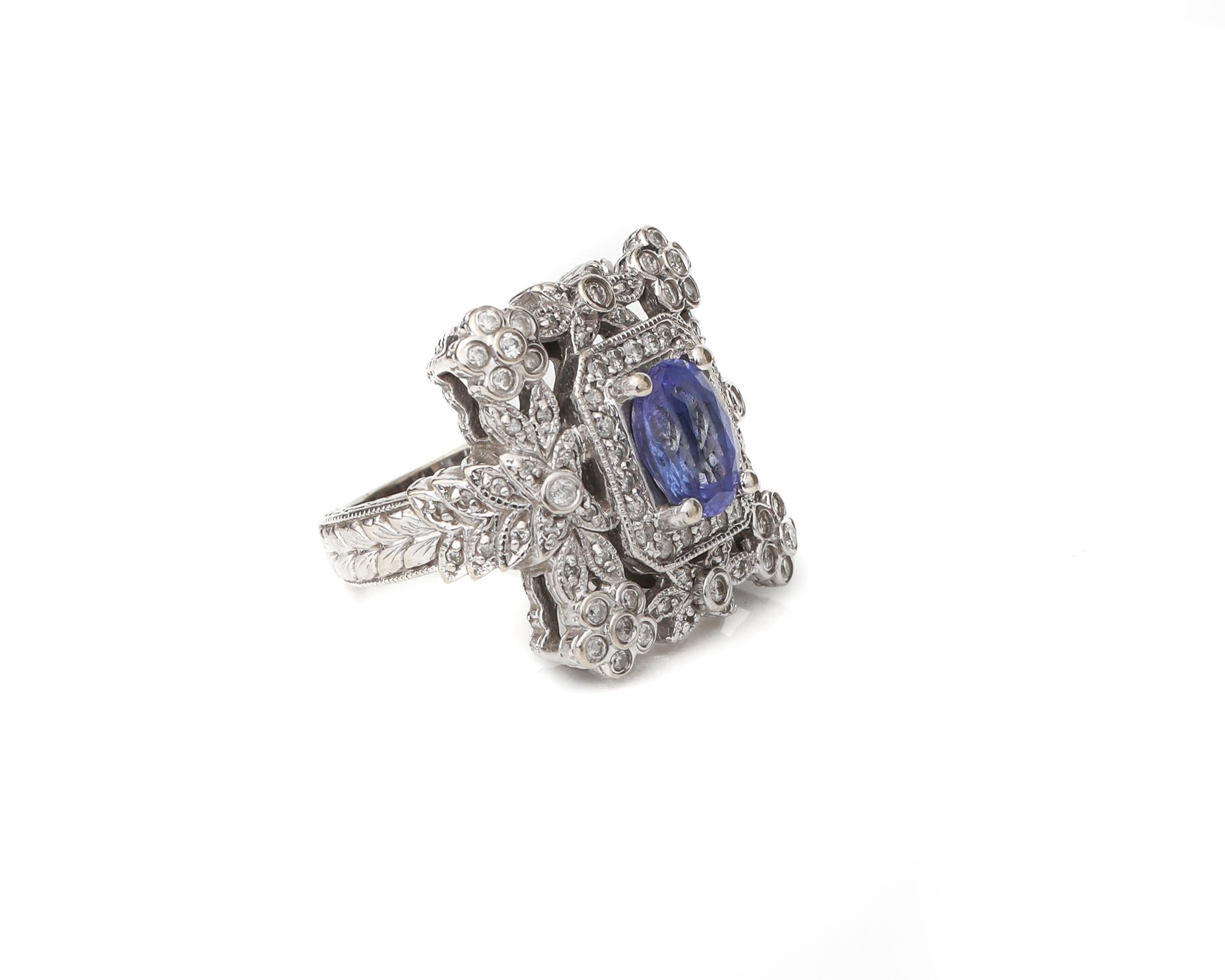 Round Cut Tanzanite and Diamond 14 Karat White Gold Cocktail Ring