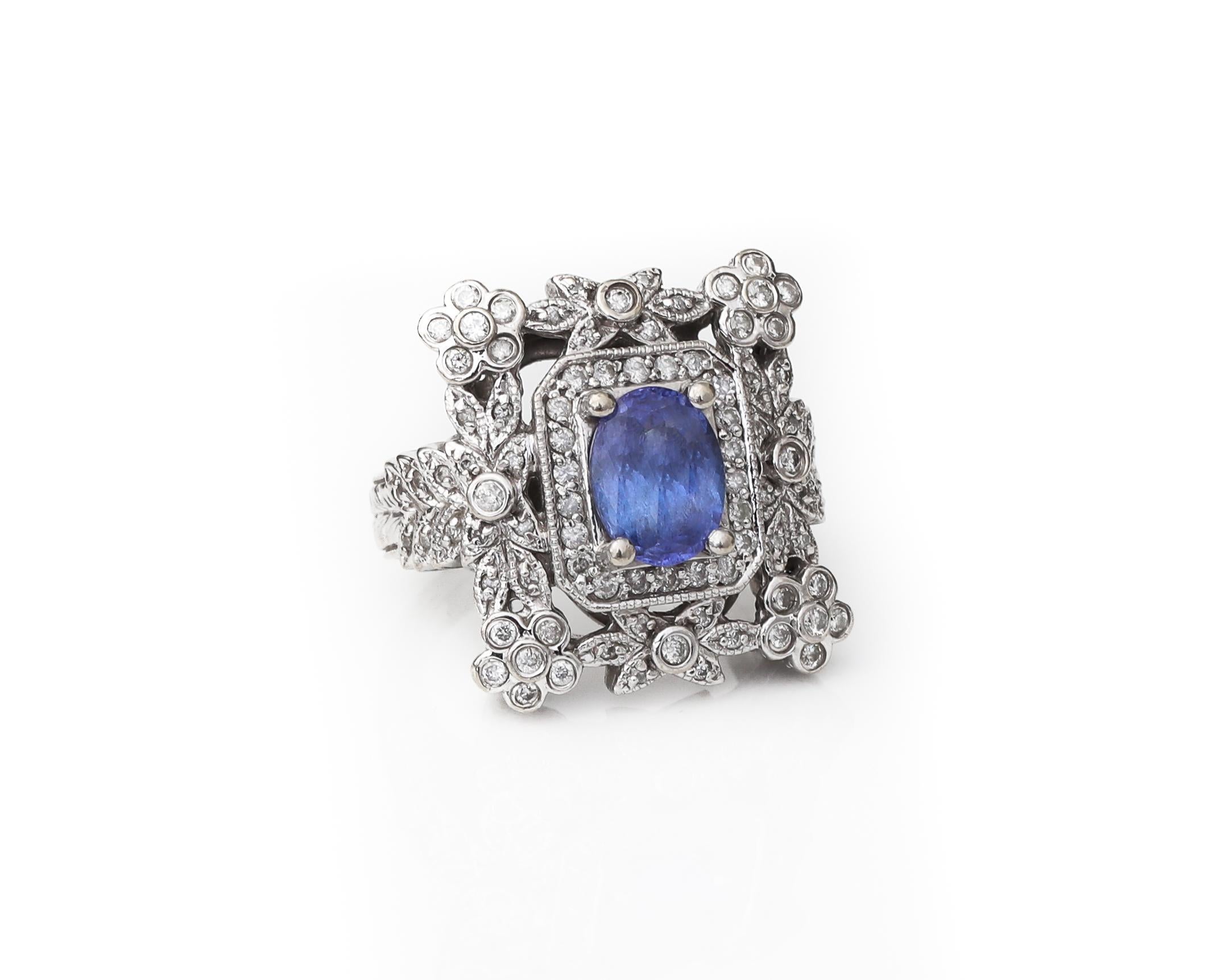 Tanzanite and Diamond 14 Karat White Gold Cocktail Ring In Excellent Condition In Hicksville, NY