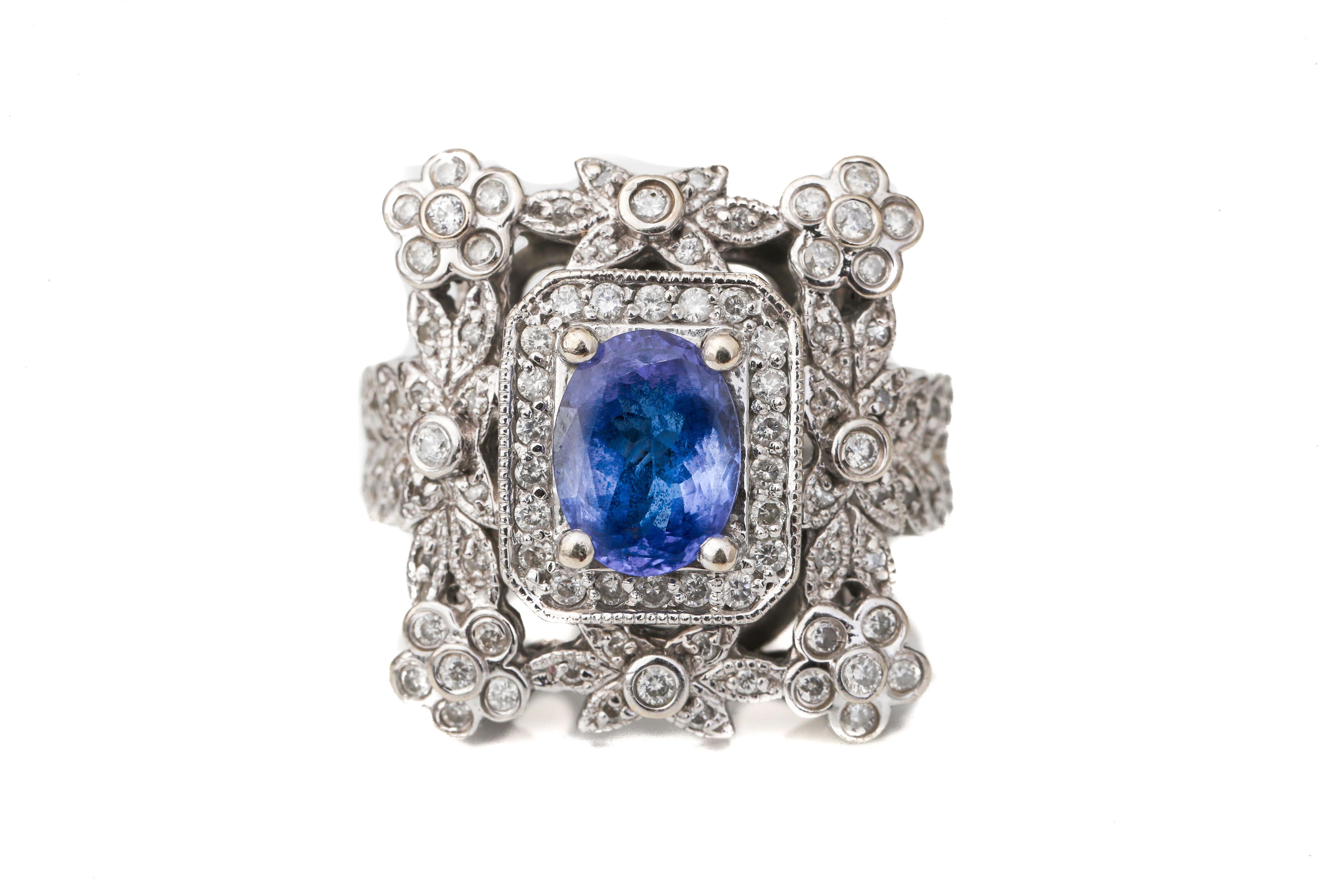 Women's Tanzanite and Diamond 14 Karat White Gold Cocktail Ring