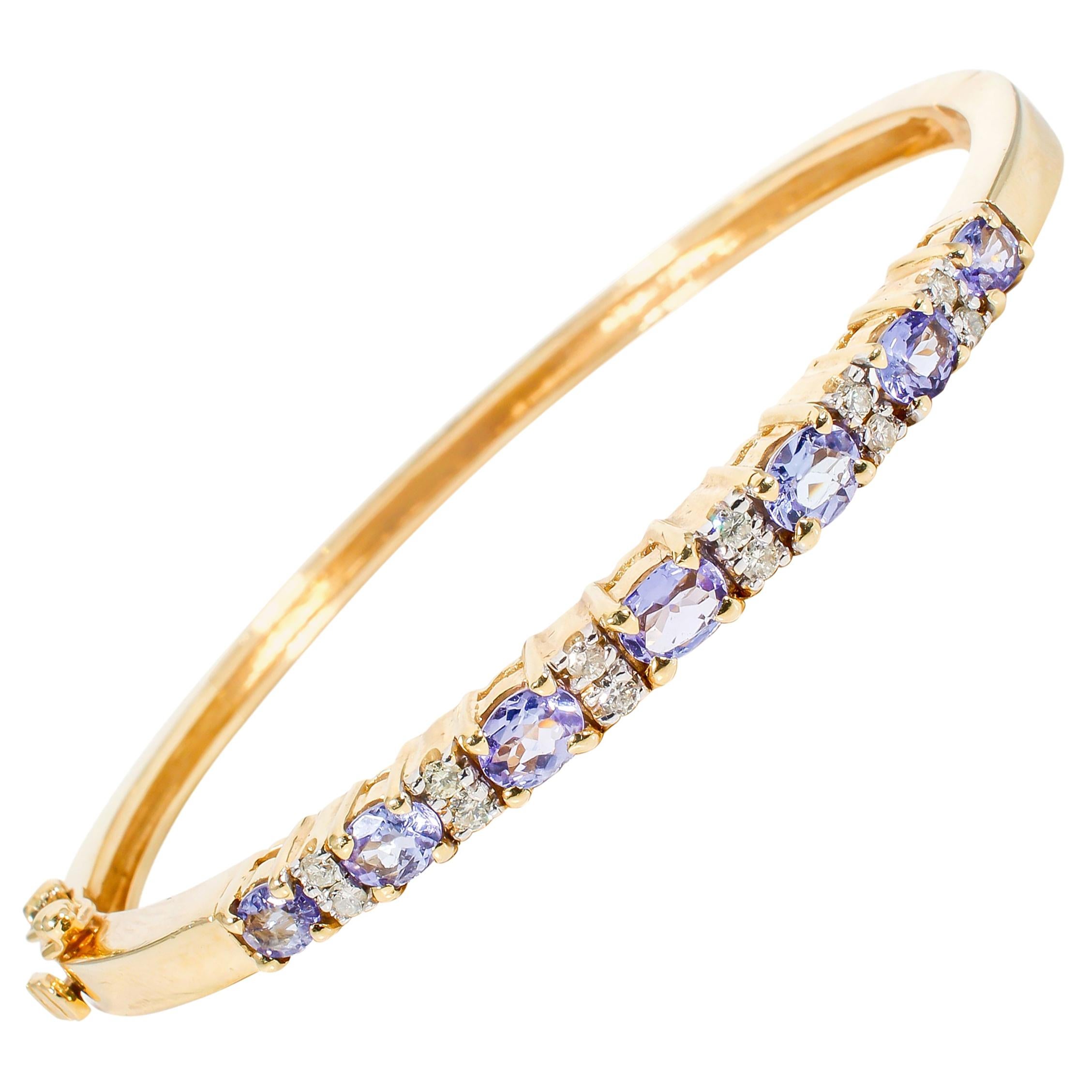 Tanzanite and Diamond 14 Karat Yellow Gold Bangle Bracelet