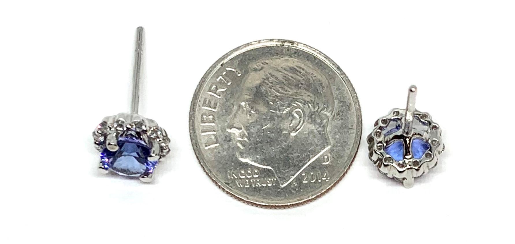 1.70 ct. t.w. Round Tanzanite and Diamond Halo 18k White Gold Stud Earrings In New Condition In Los Angeles, CA