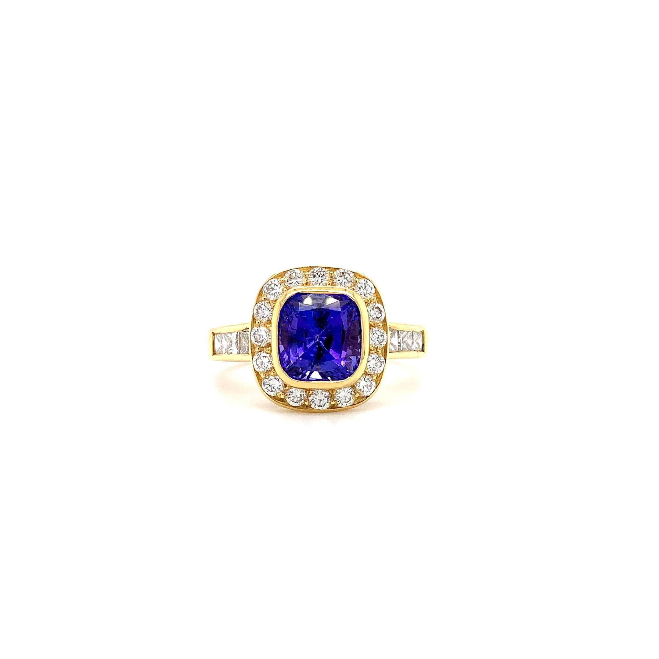 Anillo cóctel art déco tanzanita y diamantes oro amarillo 18k en venta 1