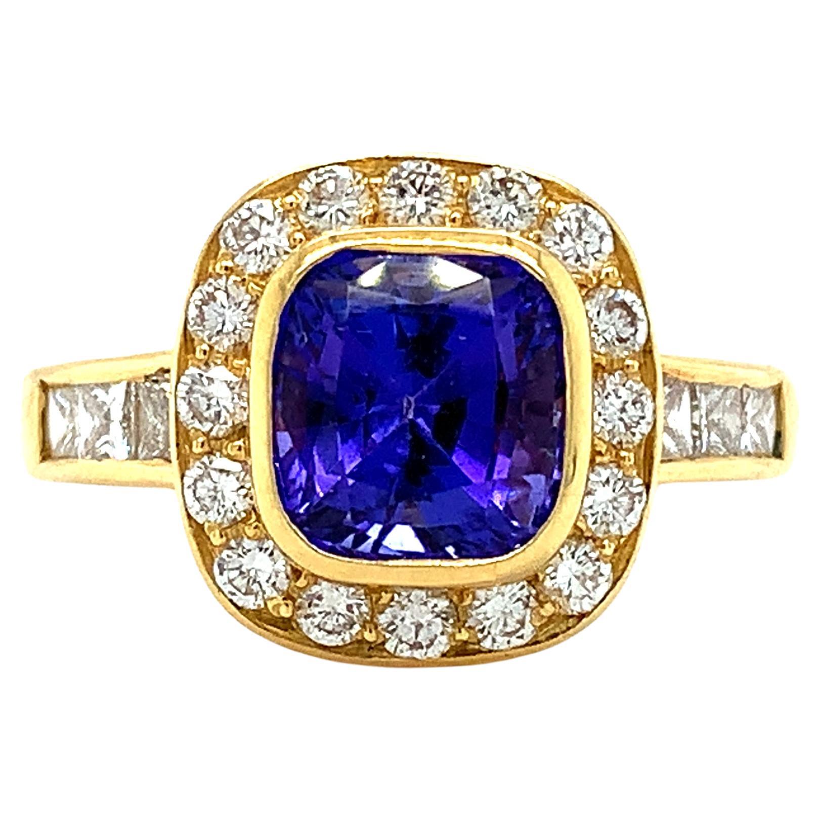 Anillo cóctel art déco tanzanita y diamantes oro amarillo 18k en venta
