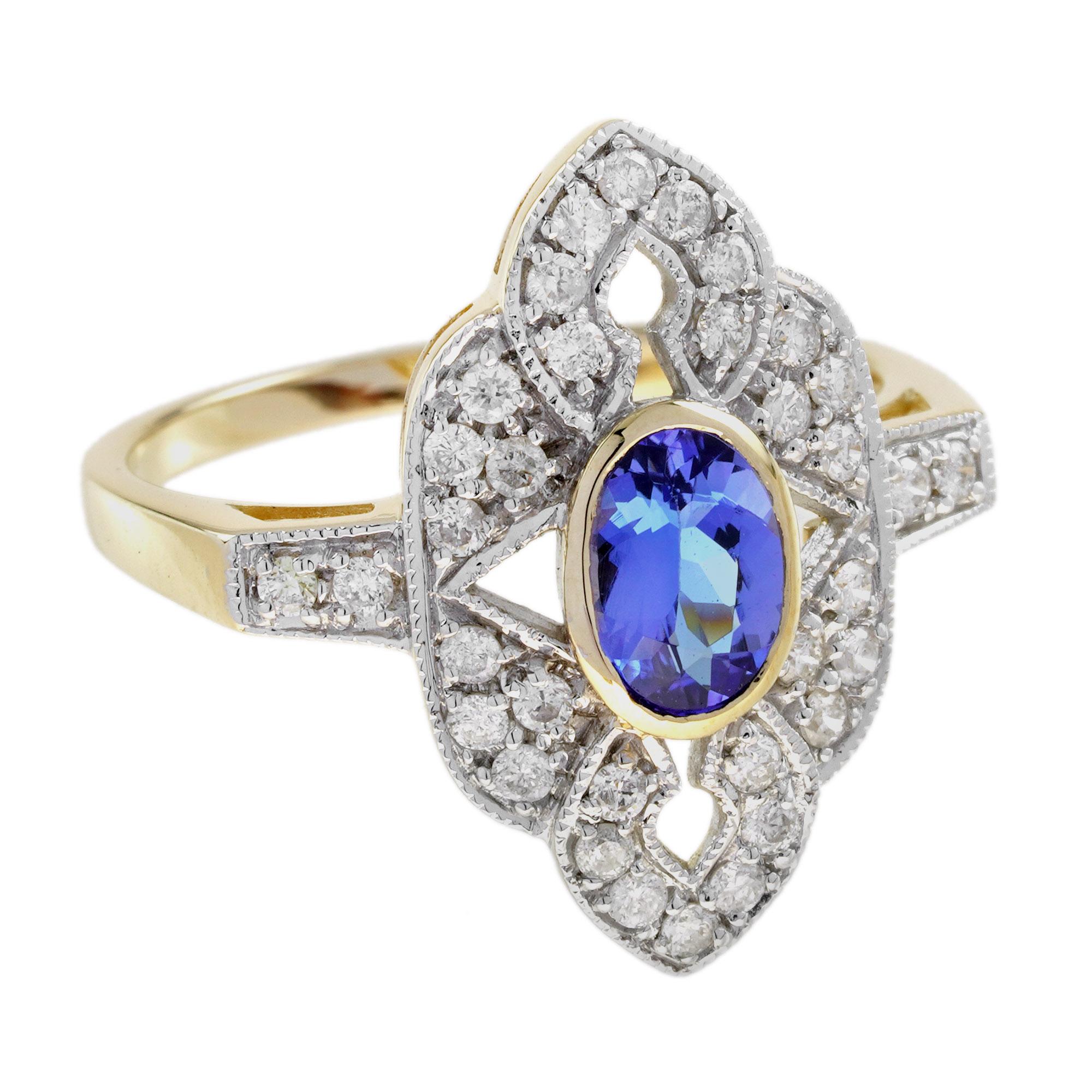 Anello di fidanzamento in stile Art Déco con tanzanite e diamanti in oro bicolore 14K In condizioni Nuovo in vendita a Bangkok, TH