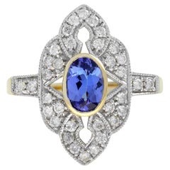 Tanzanite and Diamond Art Deco Style Engagement Ring in 14K Two Tone Gold