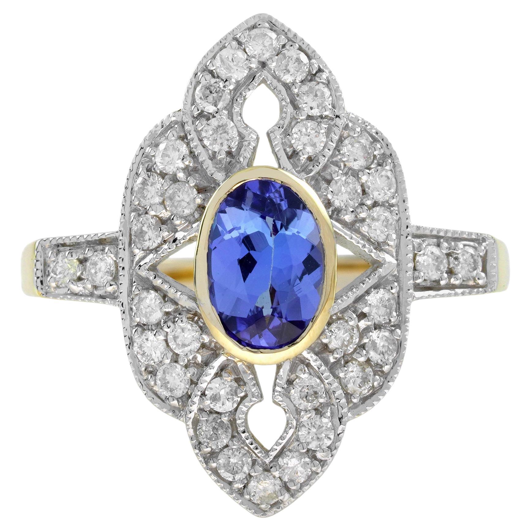 Anello di fidanzamento in stile Art Déco con tanzanite e diamanti in oro bicolore 14K