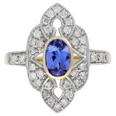 Anello di fidanzamento in stile Art Déco con tanzanite e diamanti in oro bicolore 14K