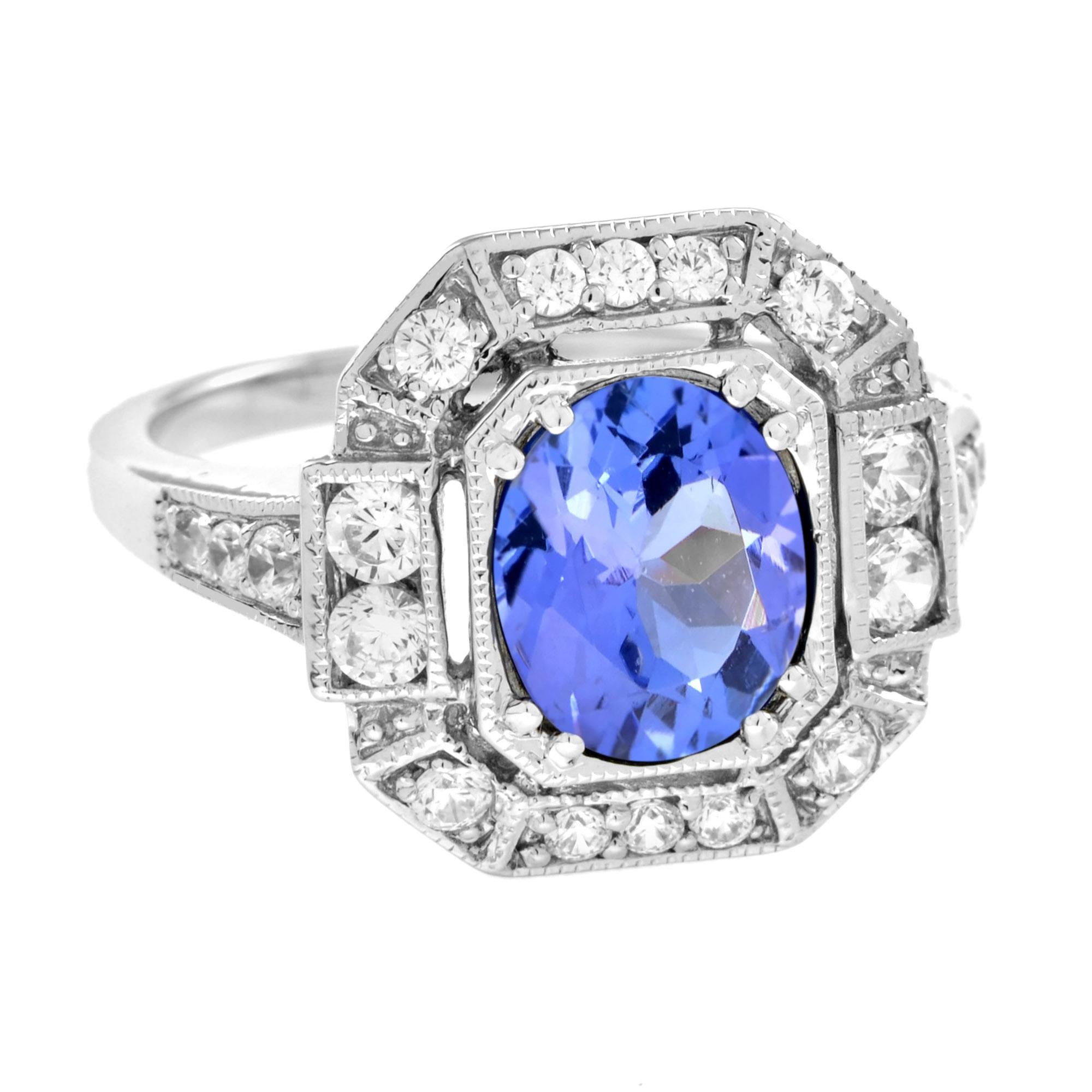 Oval Cut Tanzanite and Diamond Art Deco Style Halo Engagement Ring in 18K White Gold For Sale