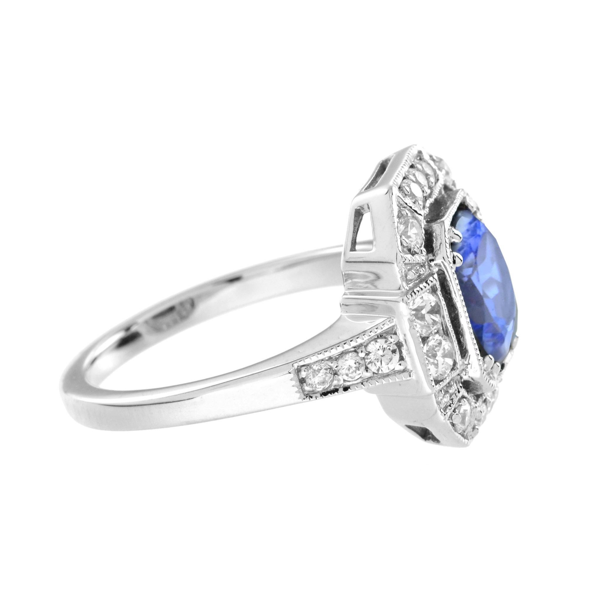 Tanzanite and Diamond Art Deco Style Halo Engagement Ring in 18K White Gold In New Condition For Sale In Bangkok, TH