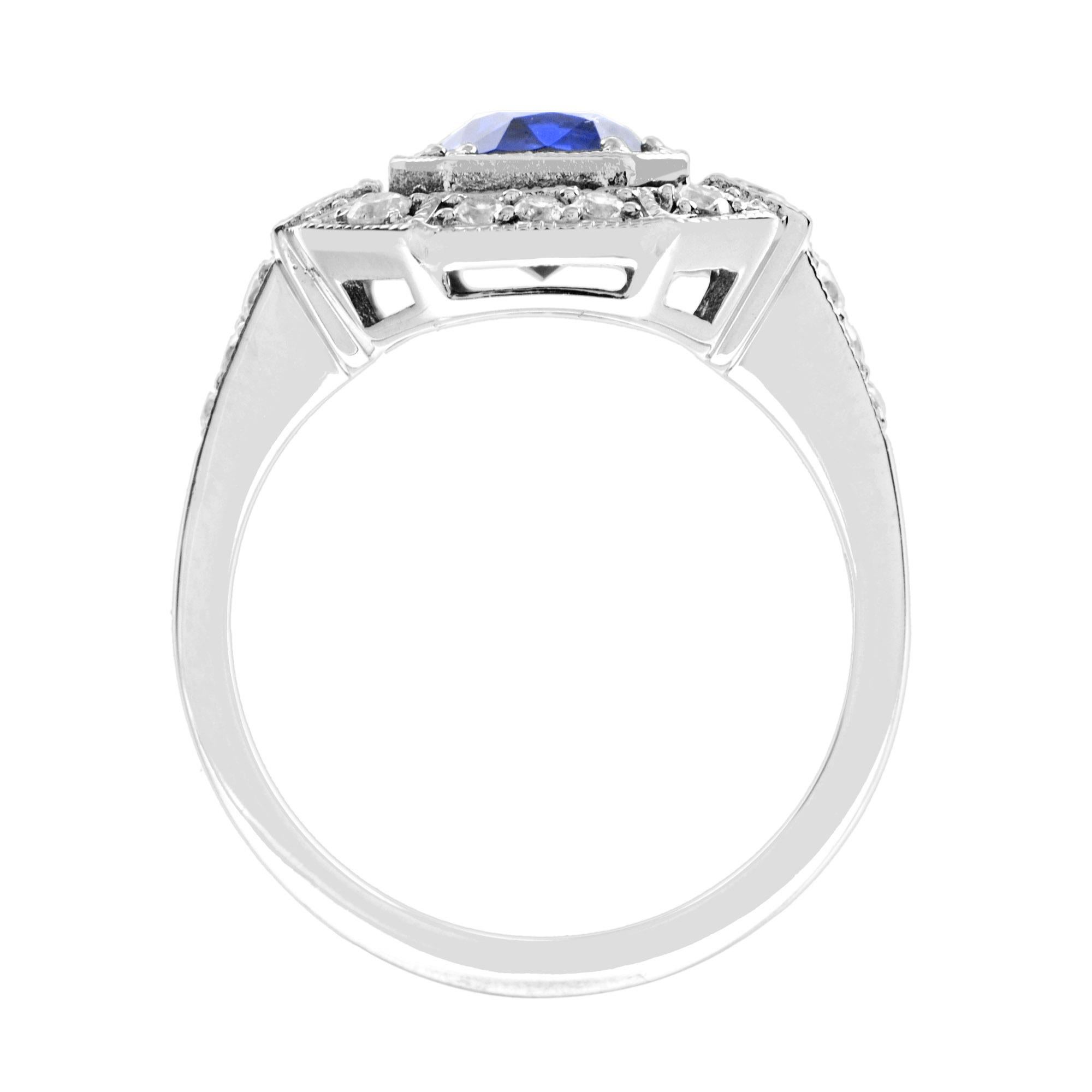 Tanzanite and Diamond Art Deco Style Halo Engagement Ring in 18K White Gold For Sale 1