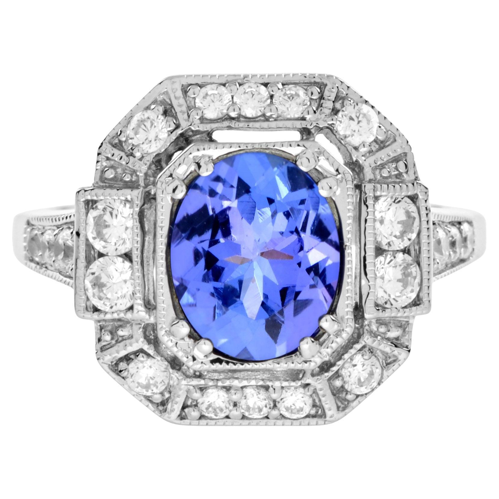 Tanzanite and Diamond Art Deco Style Halo Engagement Ring in 18K White Gold For Sale