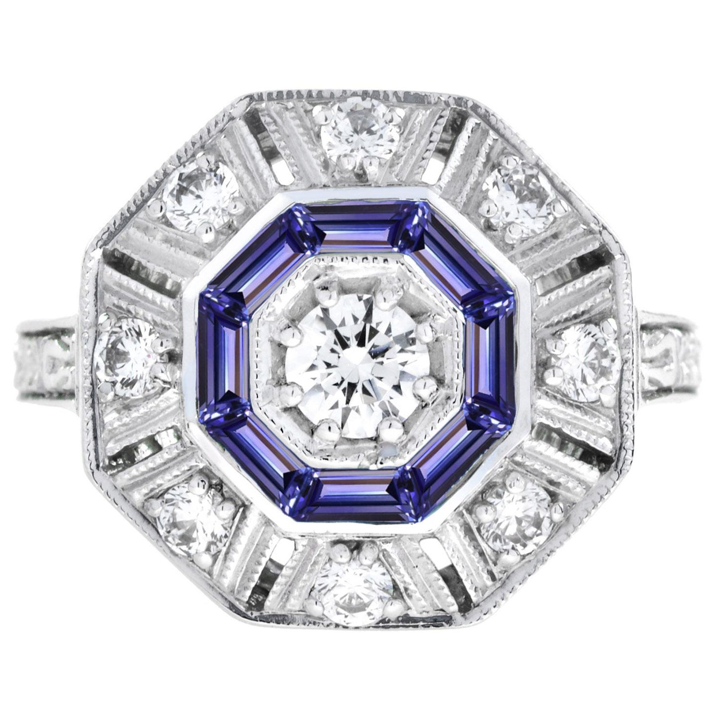 Anillo Blanco Estilo Art Decó de Oro Blanco de 18 K con Tanzanita y Diamantes