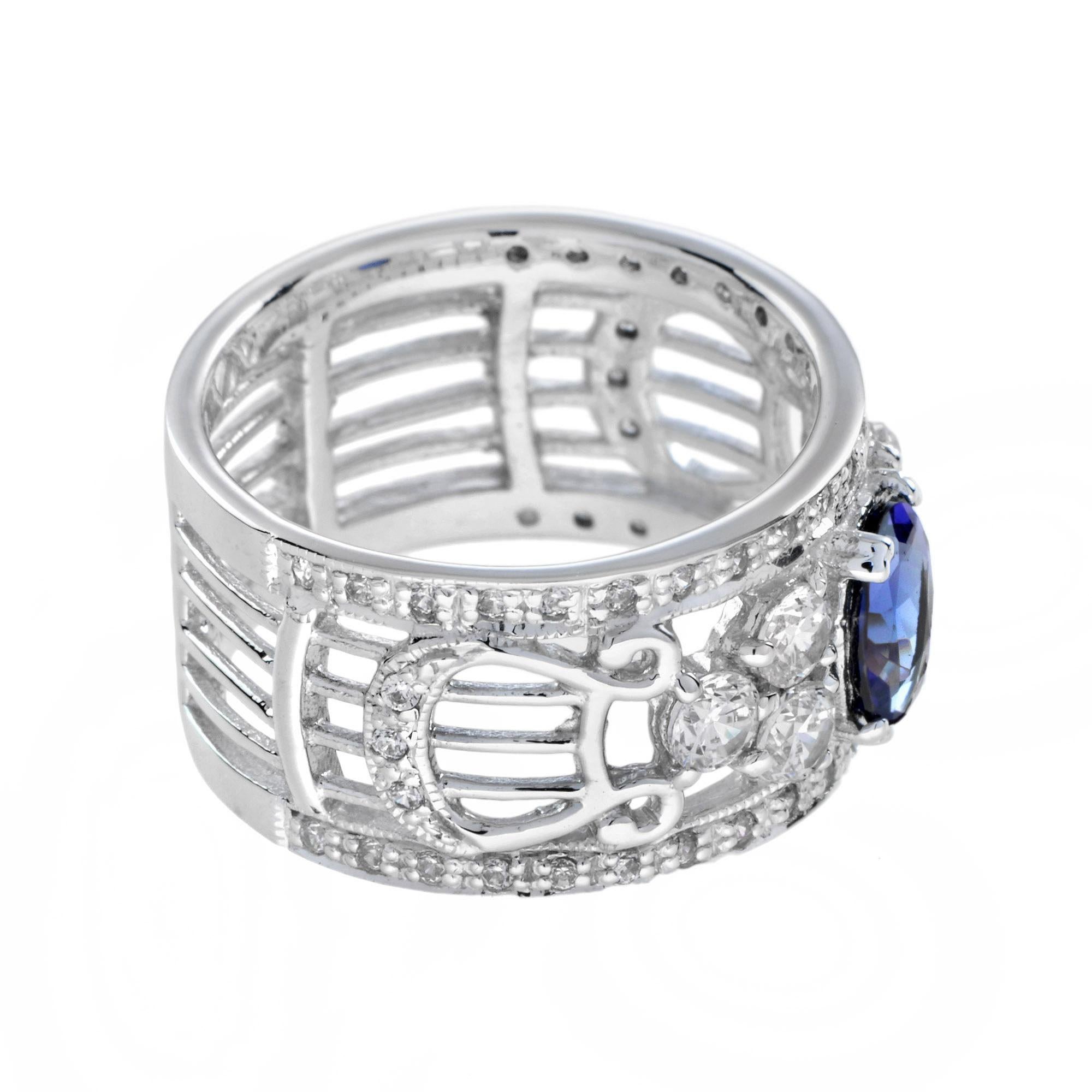 Anello di fidanzamento largo con tanzanite e diamanti in stile Art Déco in oro bianco 18 carati In condizioni Nuovo in vendita a Bangkok, TH