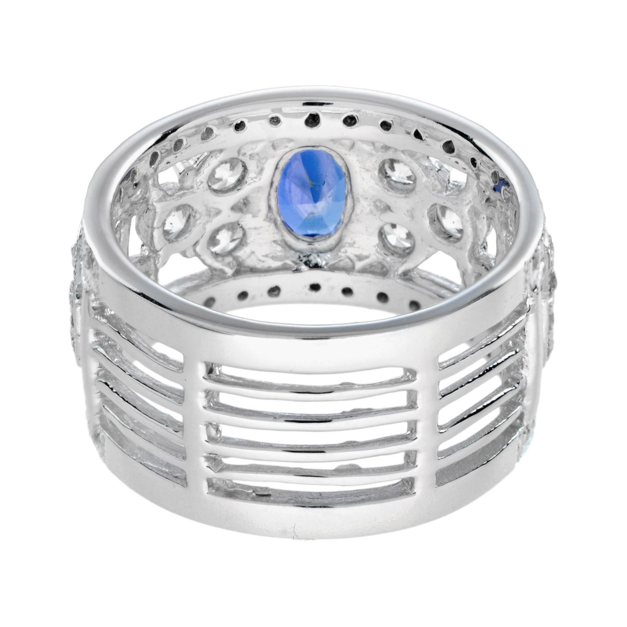 da uomo o donna Anello di fidanzamento largo con tanzanite e diamanti in stile Art Déco in oro bianco 18 carati in vendita