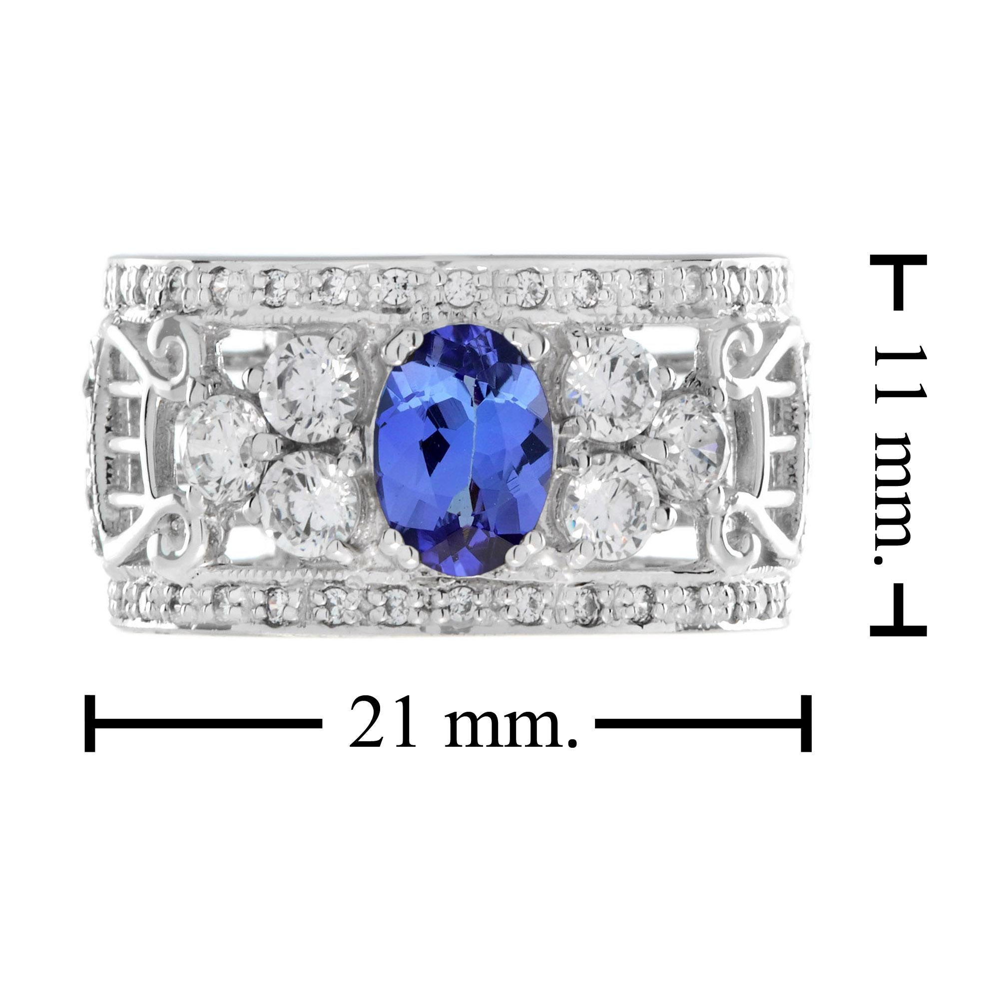 Anello di fidanzamento largo con tanzanite e diamanti in stile Art Déco in oro bianco 18 carati in vendita 2