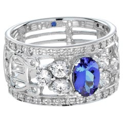 Tanzanite and Diamond Art Deco Style Wide Engagement Ring in 18K White Gold