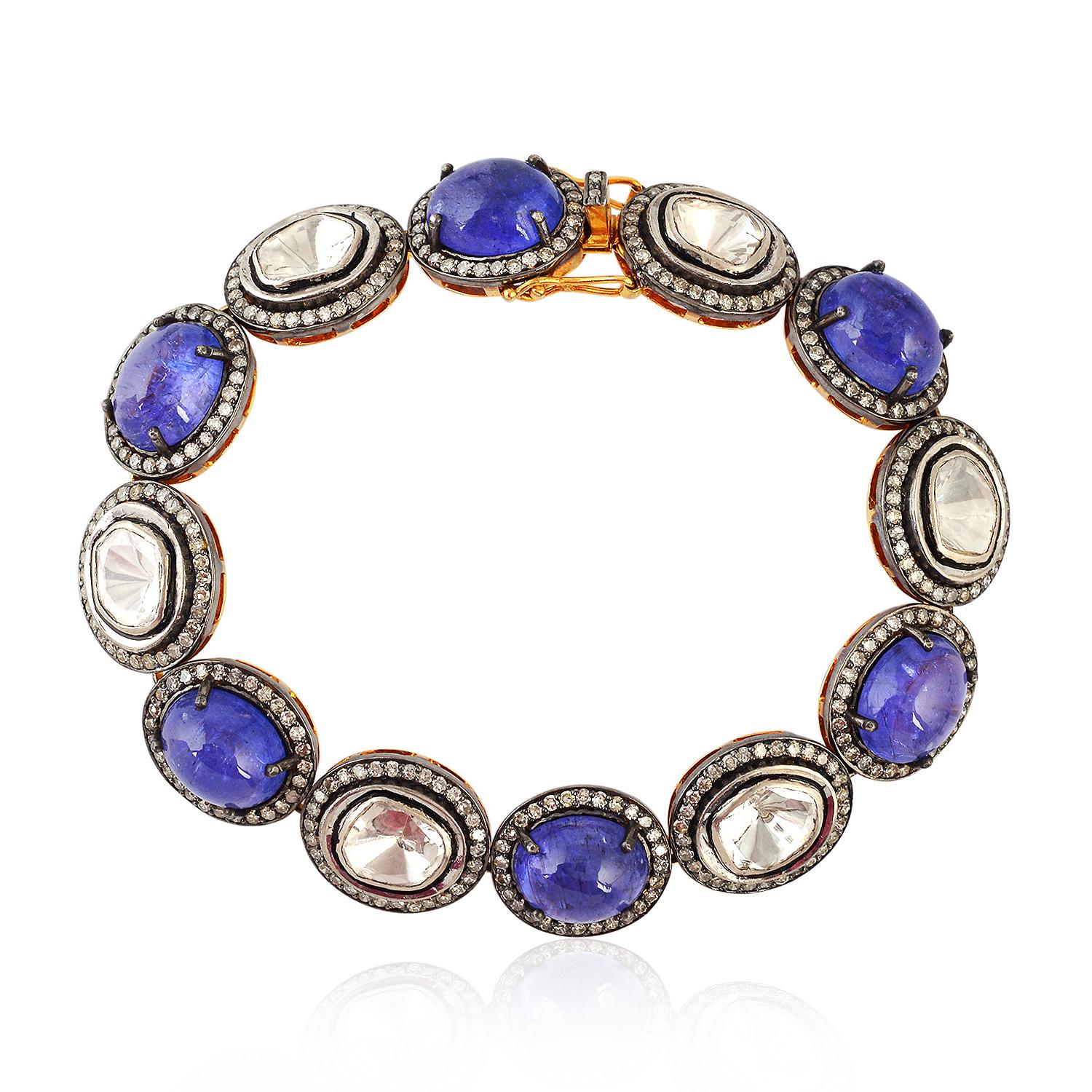 Mixed Cut Tanzanite and Rose Cut Diamond Bracelet With Pave Diamonds In 14k Gold & Silver For Sale