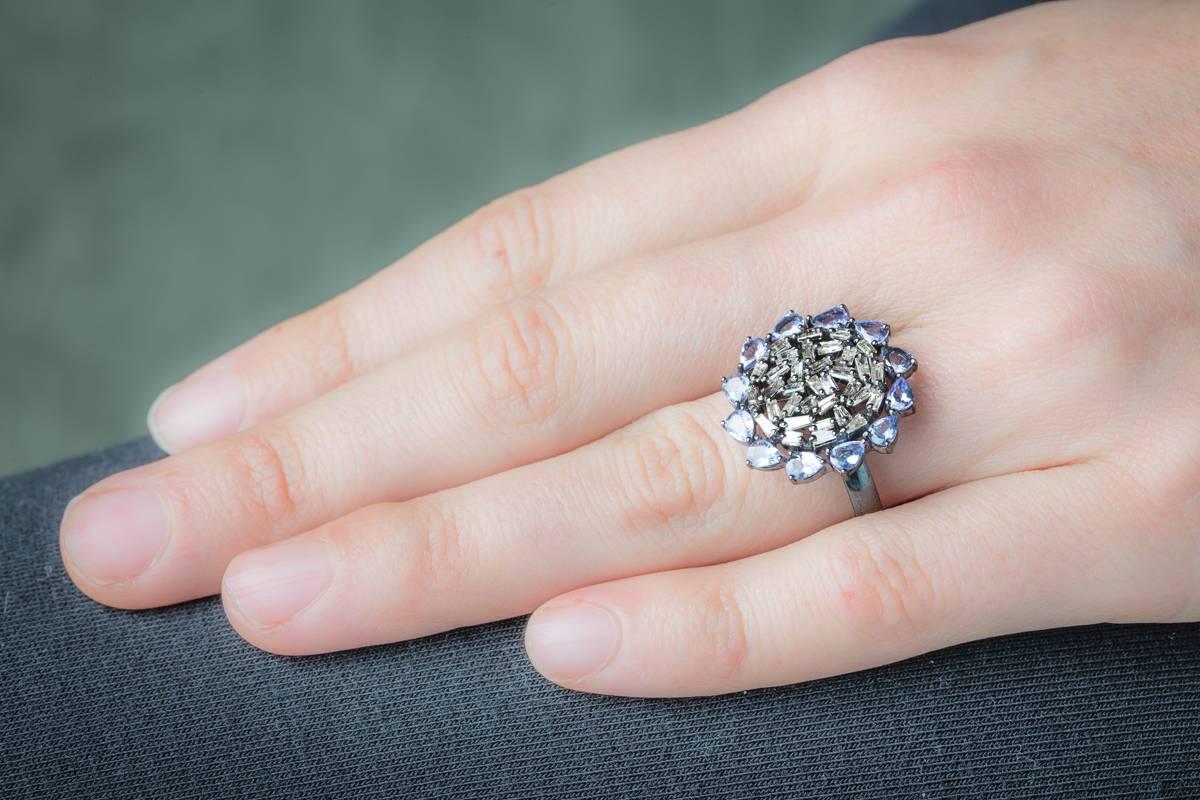 Baguette Cut Tanzanite and Diamond Cluster Cocktail Ring