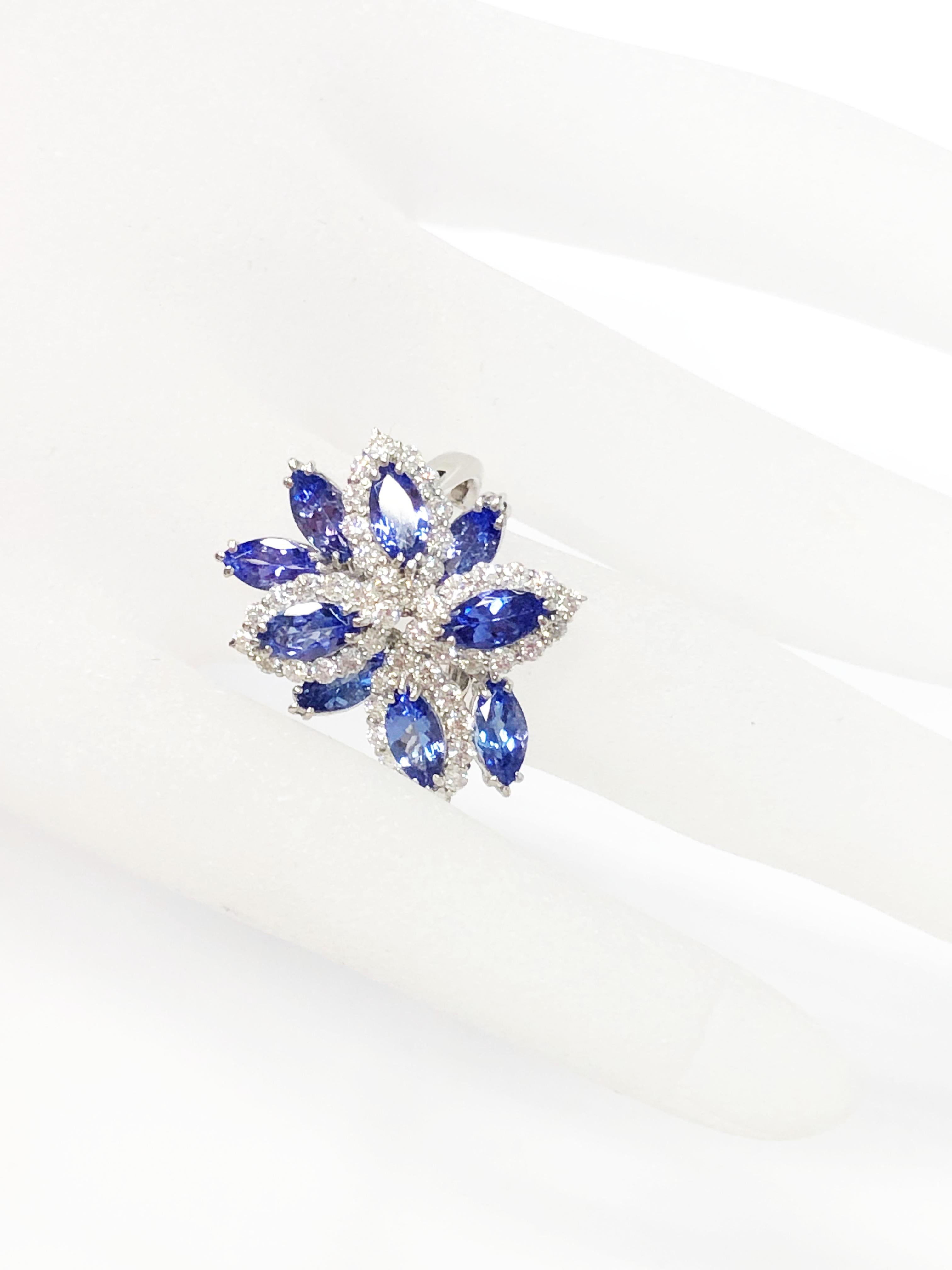 Marquise Cut Tanzanite and Diamond Cluster Ring in Platinum