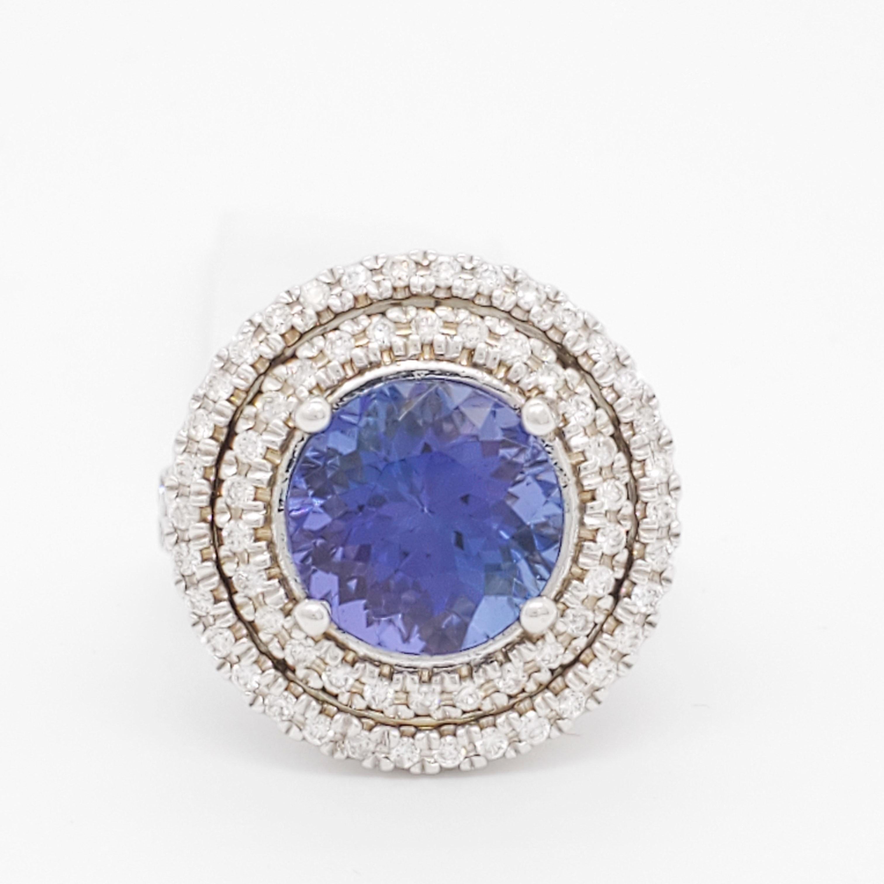 Women's or Men's Tanzanite and Diamond Cocktail Ring in 14k White Gold For Sale