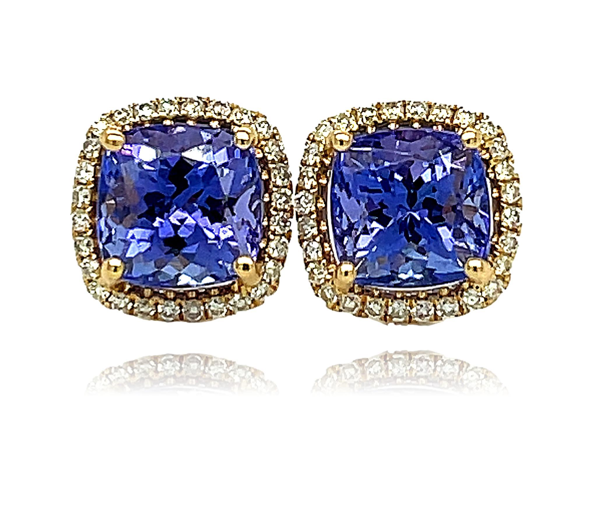 These gorgeous 7mm cushion cut AAA quality deep blue Tanzanite stud earrings are beautiful to wear for that special event. They have a 4 prong setting in 18 karat yellow gold. They have double push back closure for extra security. They have detailed