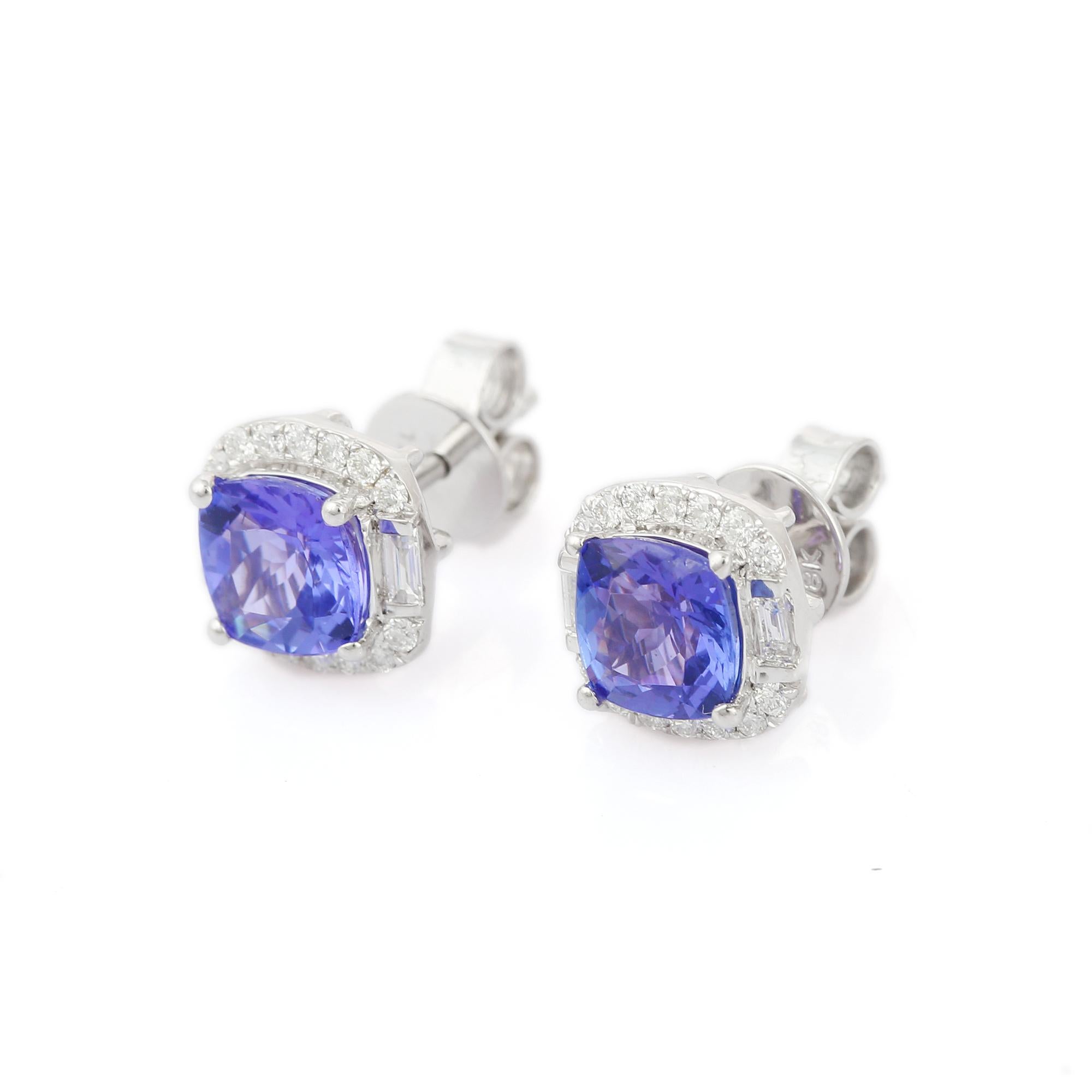 Modern Tanzanite and Diamond Cushion Shape Stud Earrings in 18K Solid White Gold For Sale