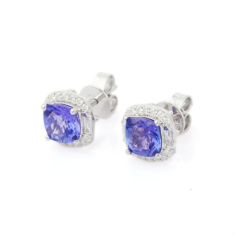 Tanzanite and Diamond Cushion Shape Stud Earrings in 18K Solid White