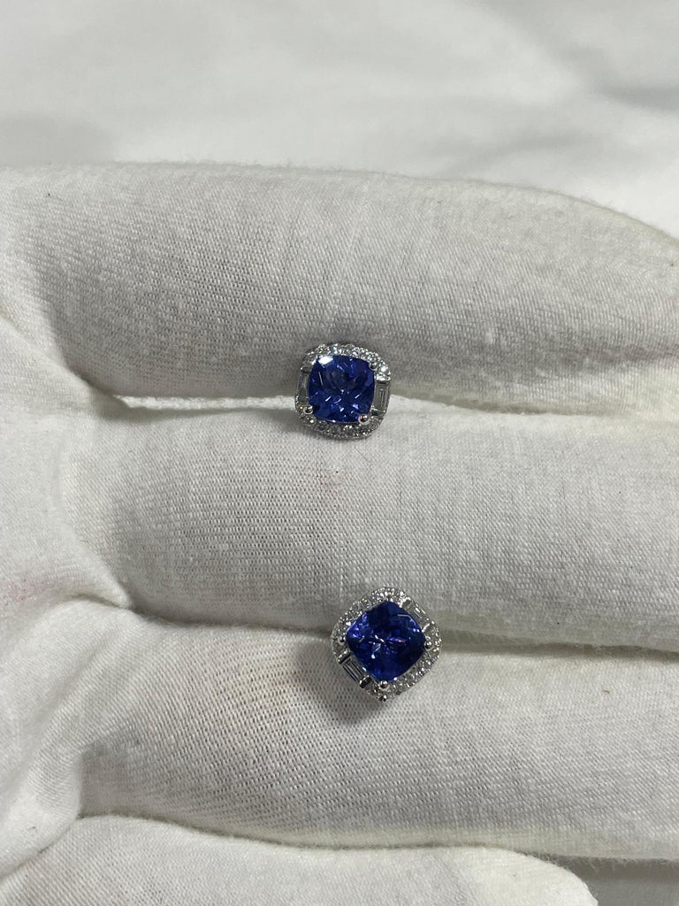 Tanzanite and Diamond Cushion Shape Stud Earrings in 18K Solid White