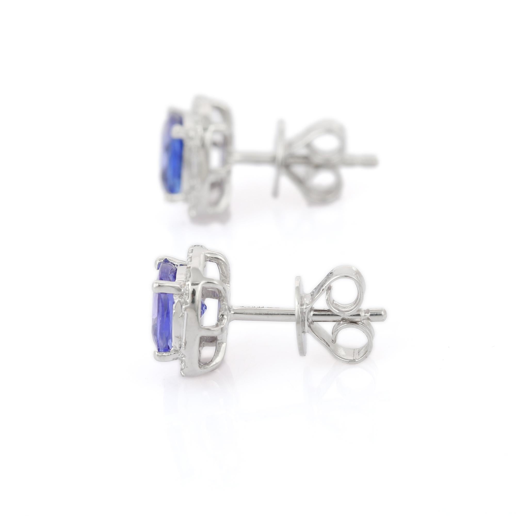 Tanzanite and Diamond Cushion Shape Stud Earrings in 18K Solid White Gold For Sale 1