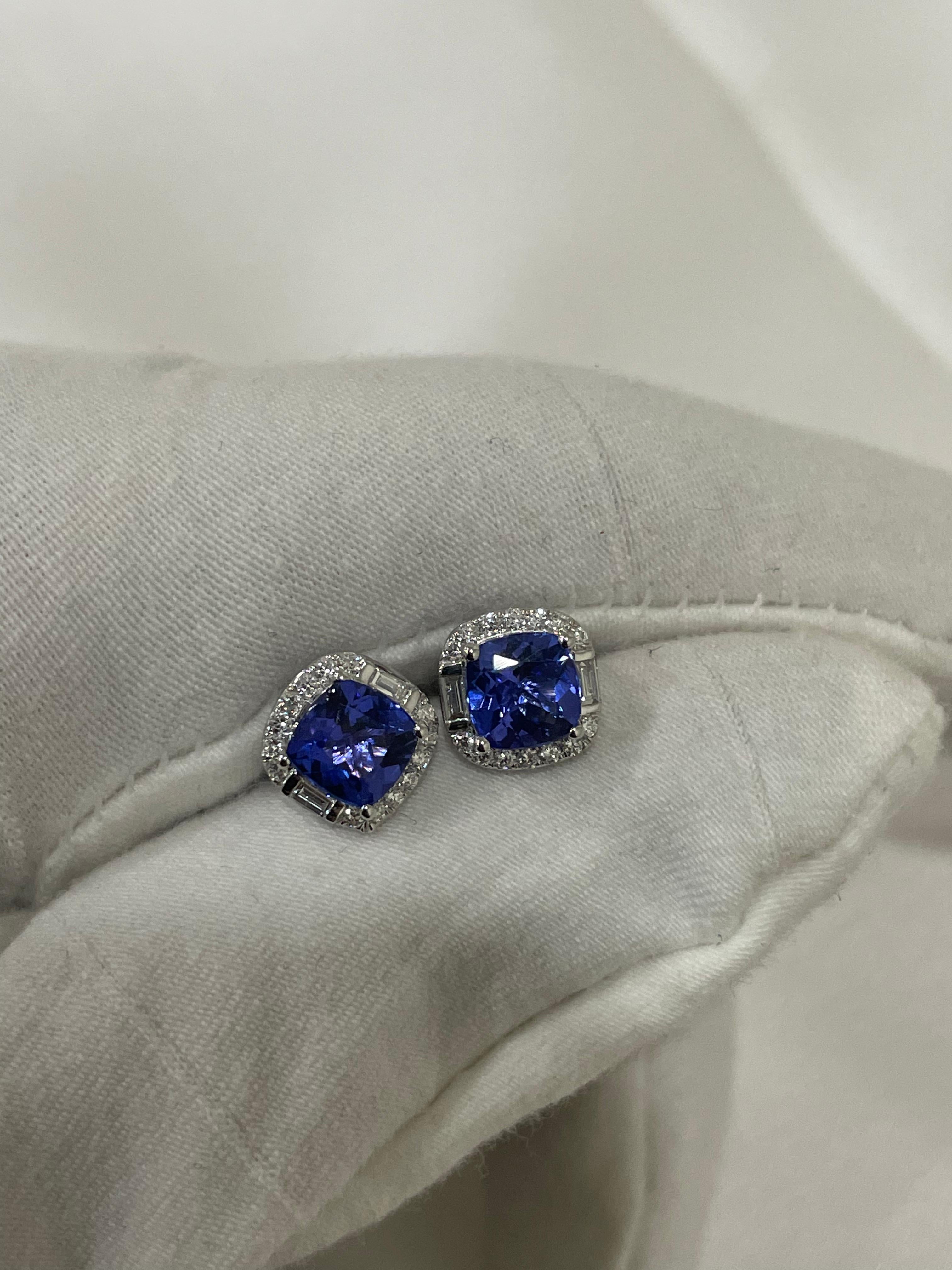 Tanzanite and Diamond Cushion Shape Stud Earrings in 18K Solid White Gold For Sale 2