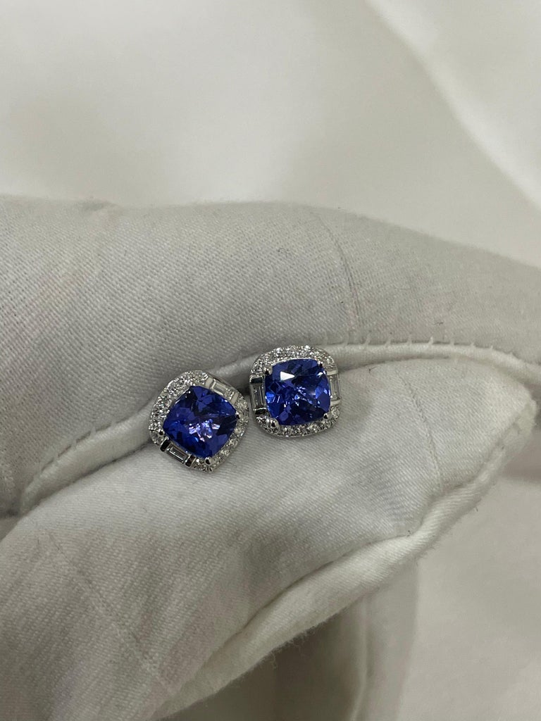 Tanzanite and Diamond Cushion Shape Stud Earrings in 18K Solid White